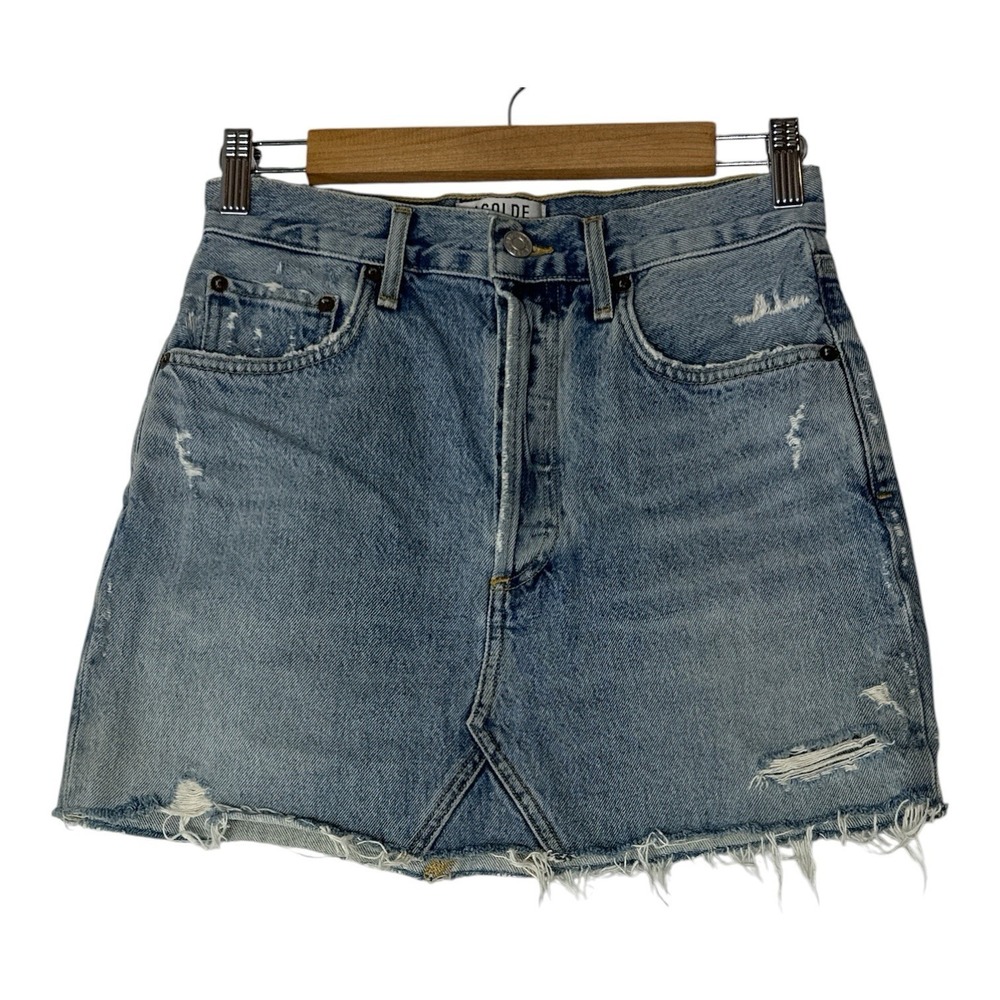 AGOLDE Denim Jean Skirt Women's Size 25 Blue Distressed Button Fly Mini